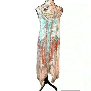 Philigree Womens Large Boho Cottagecorp Scarf MIDI Dress Sleeveless Spaghetti